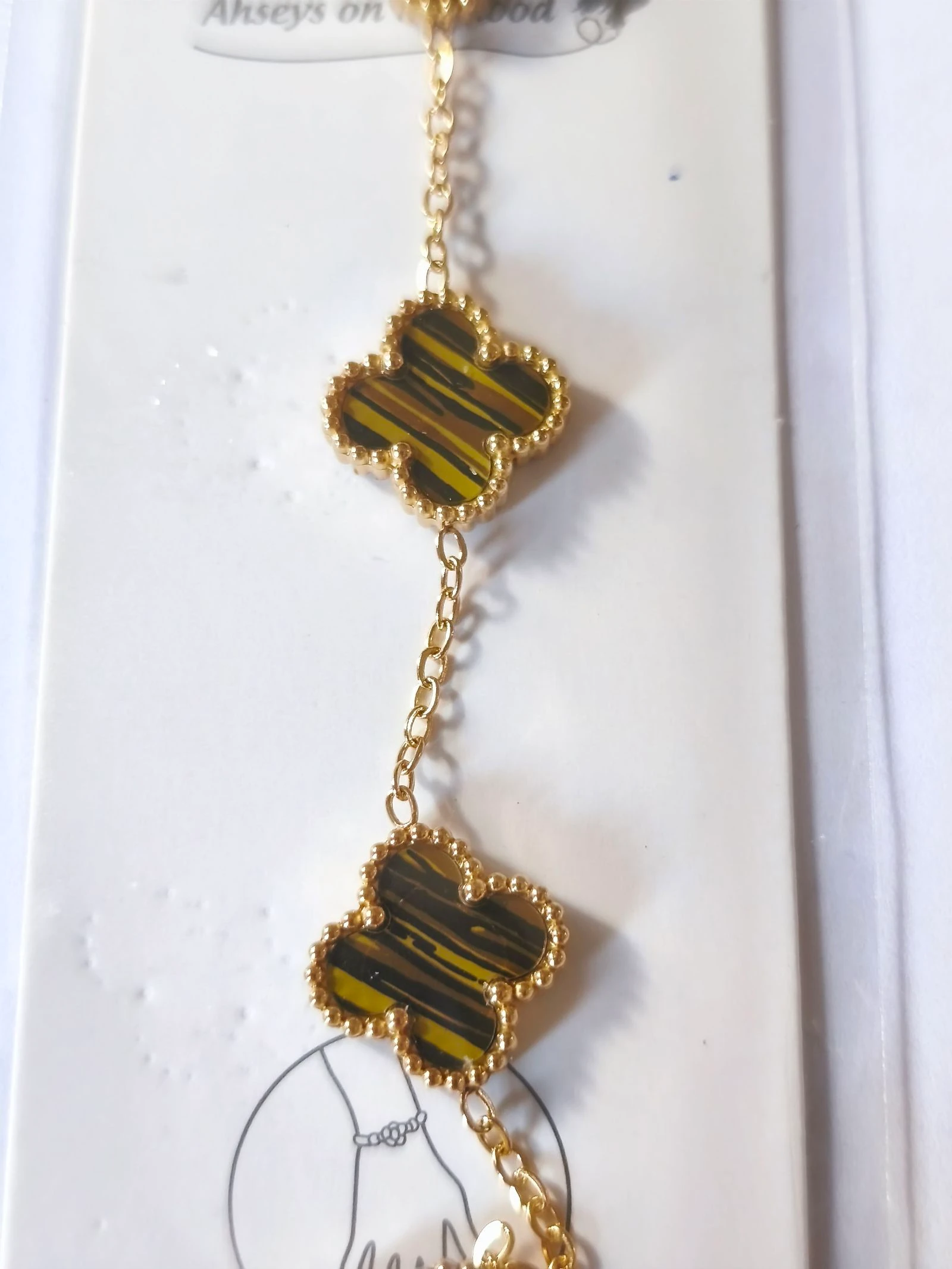 Conjunto de gargantila pulseira e brincos de trevo com corrente dourada de aço olho de tigre – photo 4